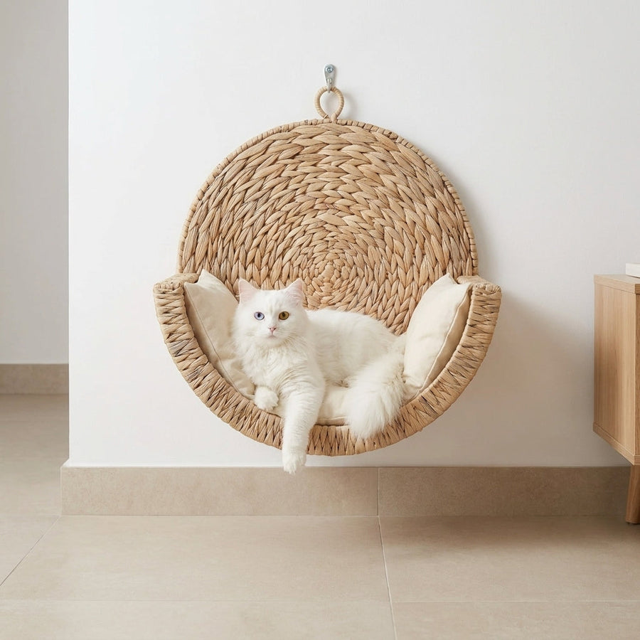 White cat resting in the Luno Pets handcrafted basket bed