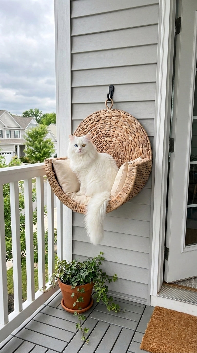 Chat blanc dans le couchage mural sur une terrasse