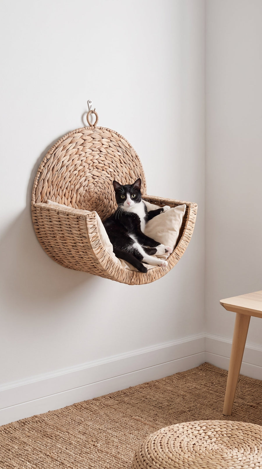 Chat noir et blanc assis dans le couchage suspendu