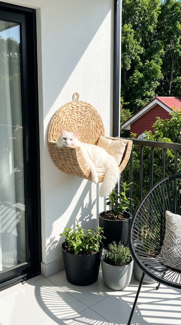 Chat blanc installé dans le couchage mural en rotin