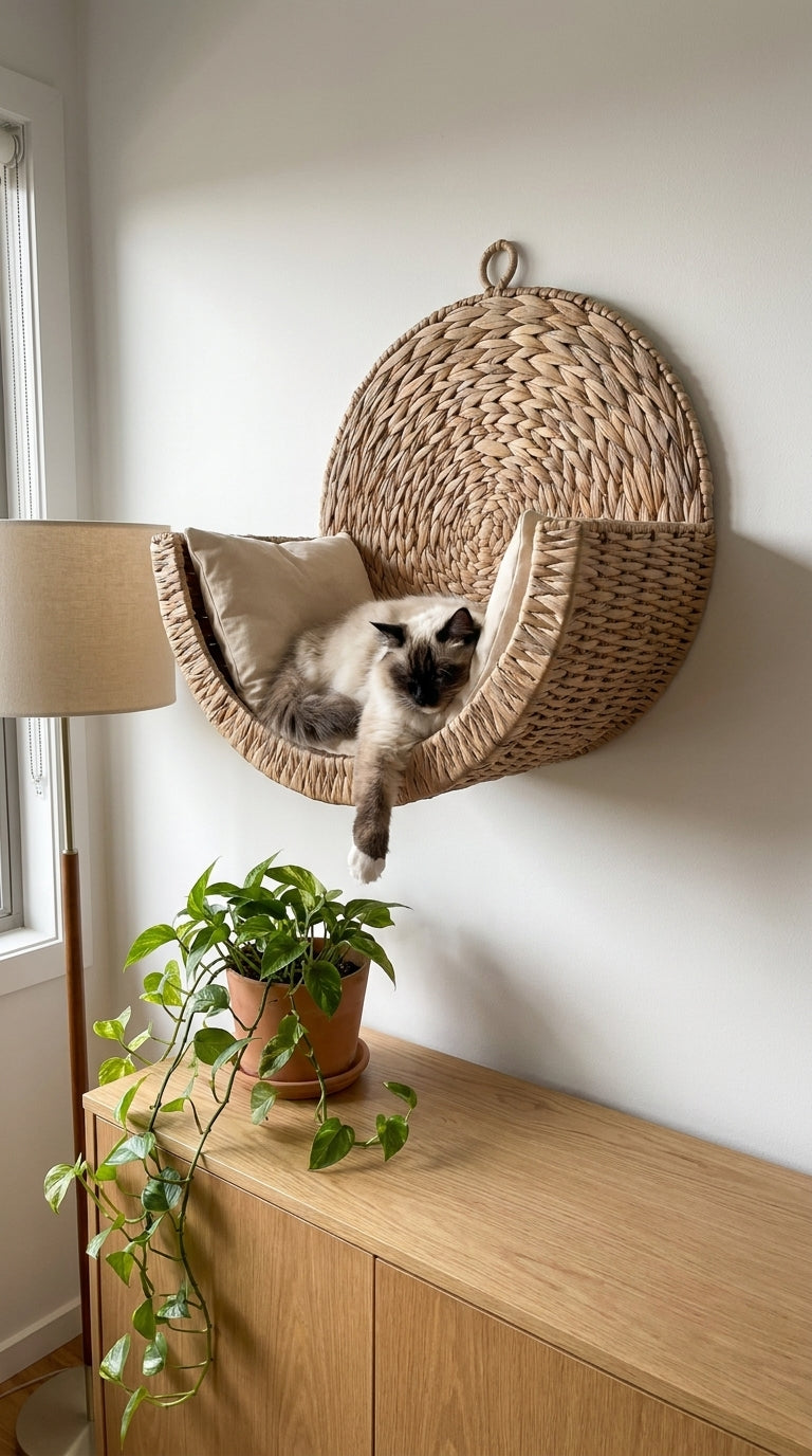 Chat endormi dans le couchage tressé