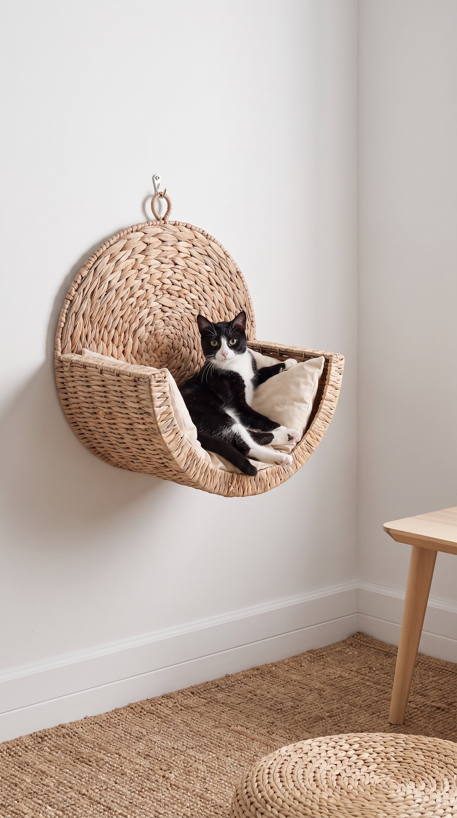 Chat noir et blanc assis dans le lit suspendu