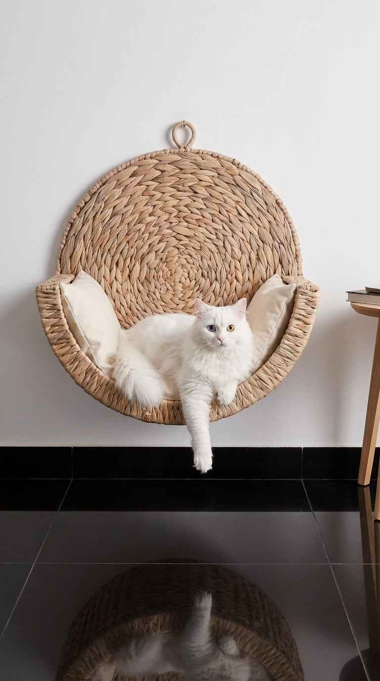 Chat blanc à longs poils dans le couchage mural